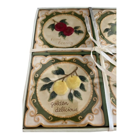 Vintage Ceramic Apple Tile, Trivet, Coaster Set – Boxed Giftware – 4.5” - Picture 2 of 4